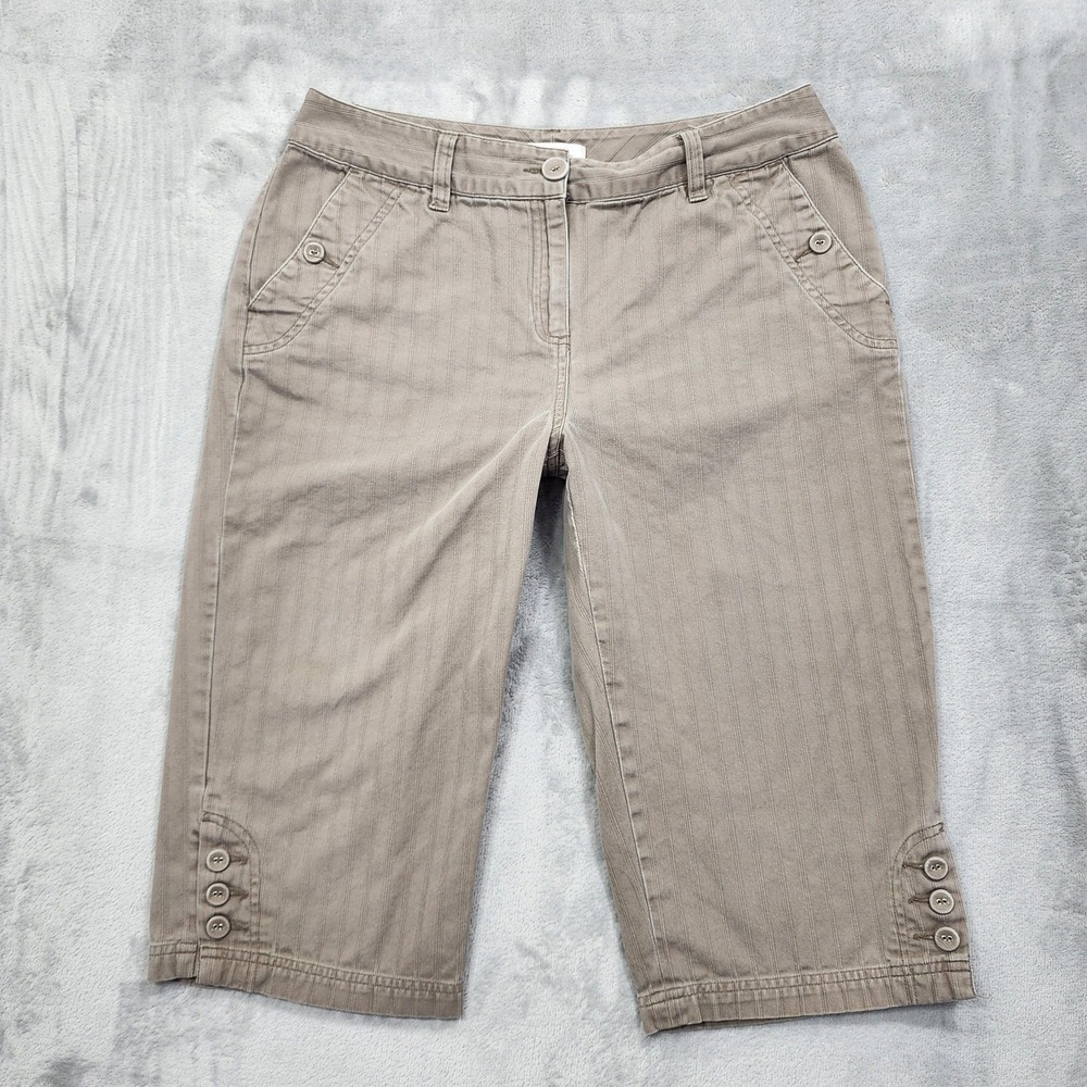Van Heusen Pants Womens 8 Beige Striped Mid Rise Capri Crop Button Hem Casual